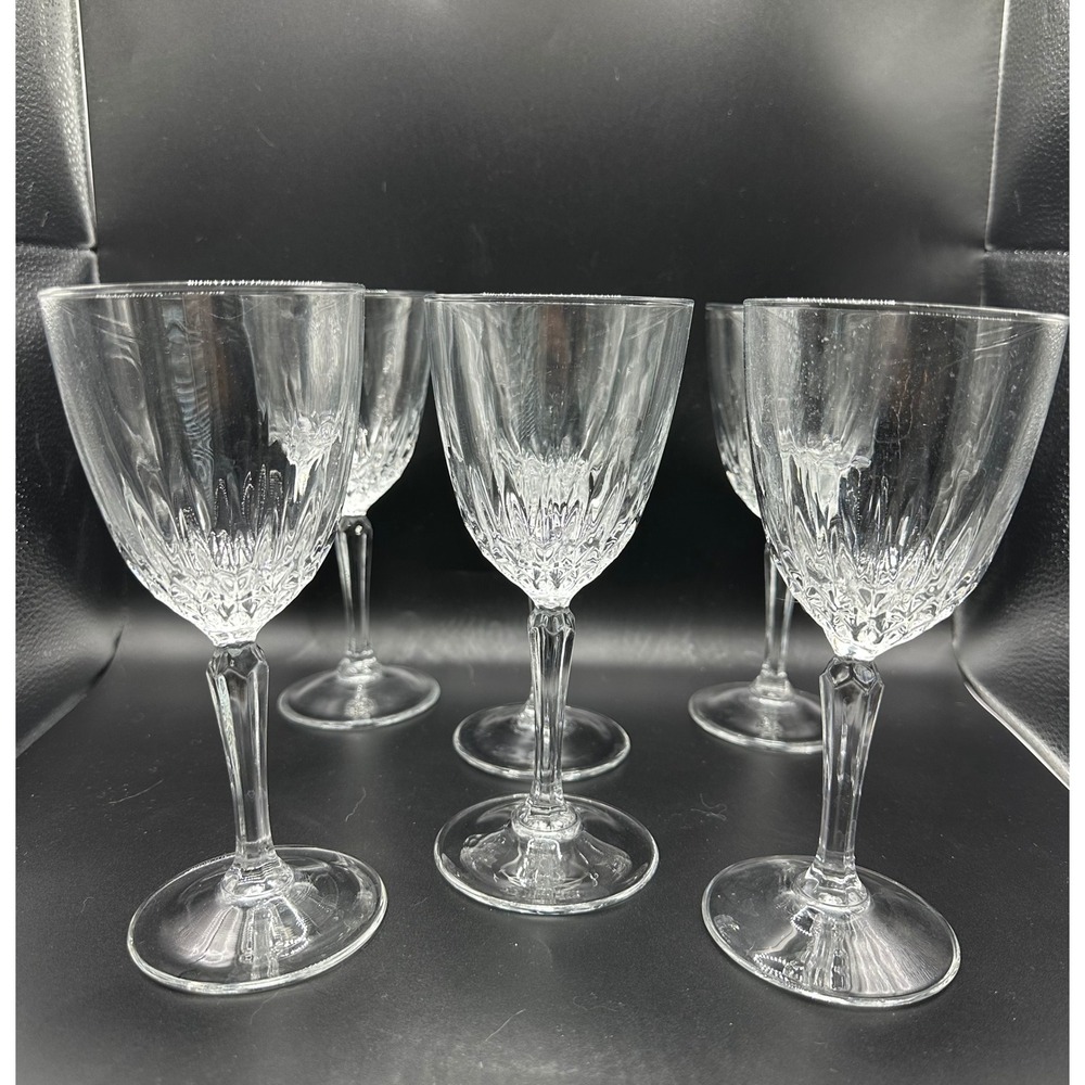 Luminarc Longchamp Wine Glasses Set of 5 Clear Cut Glass Goblets 6.5in France